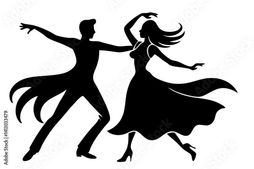 Elegant Silhouette Of A Dancing Couple Ballroom Dancers In Formal Wear Performing Latin Dance With Style Passion And Grace Isolated On White, dancing, dance, couple, silhouette, ballroom, latin, style