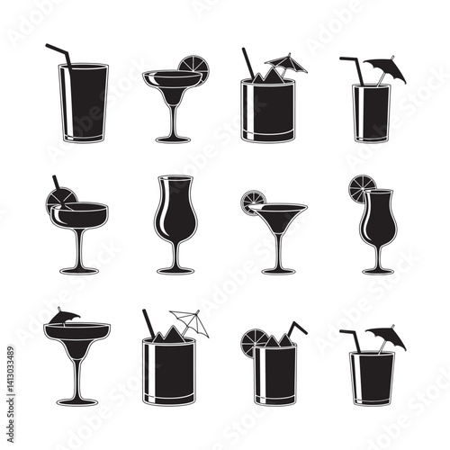 Collection of Cocktail Glasses Silhouettes with Lemon Slices and Straws for Summer Drinks