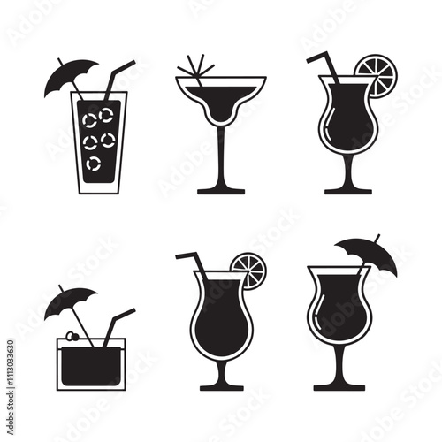 Collection of Cocktail Glasses Silhouettes with Lemon Slices and Straws for Summer Drinks