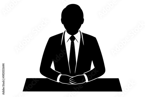 Businessman Silhouette Vector Illustration Depicting Professionalism And Corporate Image Sitting At Desk With Folded Hands For Business Applications, businessman, silhouette, vector, illustration
