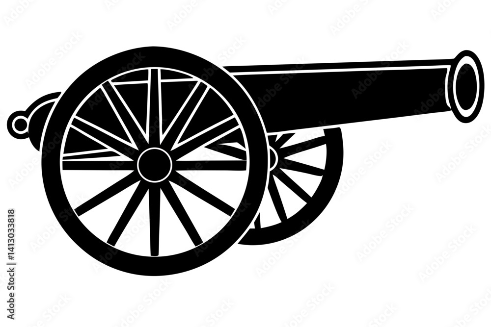 Fototapeta premium Black Silhouette Of An Antique Cannon On White Background Illustrating Military History And Artillery Technology, cannon, antique, artillery, military, black, silhouette, weapon, history, war, vintage