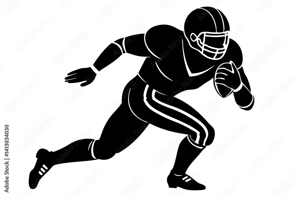 Naklejka premium American Football Player Running With The Ball Black And White Silhouette Vector Illustration For Sports Graphic Design Projects, american football, player, running, ball, silhouette, vector
