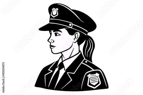 Black And White Vector Illustration Of A Woman Police Officer In Uniform And Police Hat Looking Away, police woman, police officer, vector, illustration, uniform, hat, badge, law enforcement, law