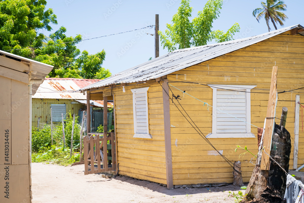 Typical colorful house of the Saona Island,humble houses of native people village,Mano Juan fishing village,Dominican Republic.