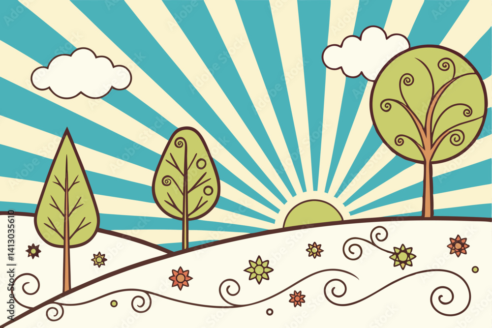 48 Bright sunburst background, stylized landscape, green cartoon trees, curling brown earth, swirling decorative elements, vibrant blue sky, white fluffy clouds, radiant sun, vector art style, cheerfu 48 Bright sunburst background, stylized landscape, green cartoon trees, curling brown earth, swirling decorative elements, vibrant blue sky, white fluffy clouds, radiant sun, vector art style, cheerfu
