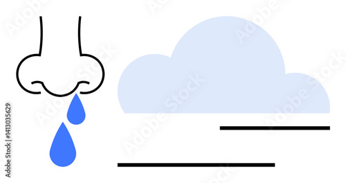Nose with droplets indicating allergy or cold, paired with a cloud for environmental allergens. Ideal for health, allergies, weather, symptoms, biology, environment and respiratory themes. Flat