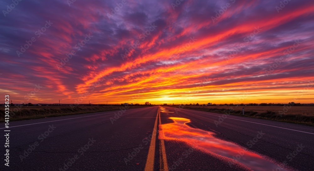 Naklejka premium Sunset Road Trip: Vibrant Sky and Asphalt Reflections - Open road, fiery sunset, asphalt reflections, journey, freedom. Symbolizing adventure, hope, escape, tranquility, and the beauty of nature
