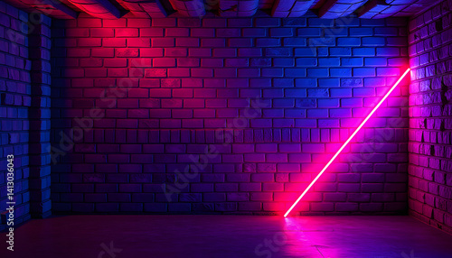 Neon light on brick walls that are not plastered background and texture. Lighting effect red and blue neon background of empty brick basement wall. with white shades