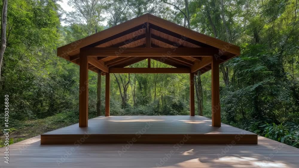 A wooden pavilion stands in a vibrant forest setting, highlighting its clean lines and harmonious connection with nature A wooden pavilion stands in a vibrant forest setting, highlighting its clean lines and harmonious connection with nature