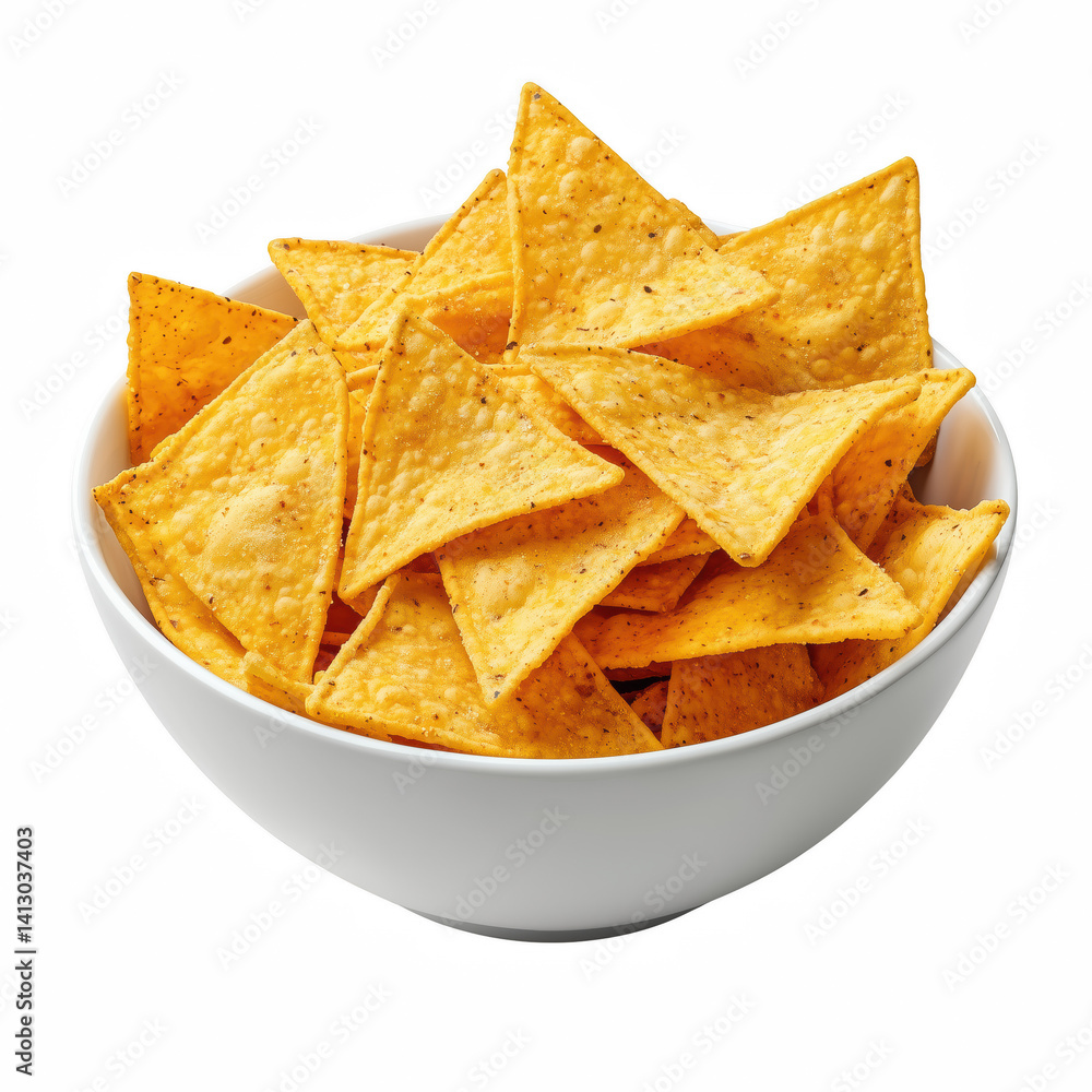 Crispy nacho chips in white bowl isolated on transparent background. Crispy nacho chips in white bowl isolated on transparent background.