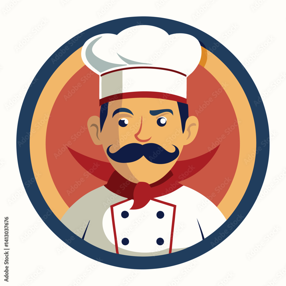 Cartoon smiling chef with mustache in uniform and hat, restaurant logo design, colorful illustration
Cartoon smiling chef with mustache in uniform and hat, restaurant logo design, colorful illustration