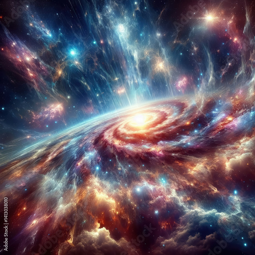 Vibrant cosmic galaxy showcasing swirling colors and bright stars in a stellar explosion at the edge of the universe