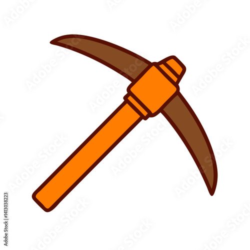 Pickaxe illustration with orange handle and brown blade, mining tool for construction and excavation
