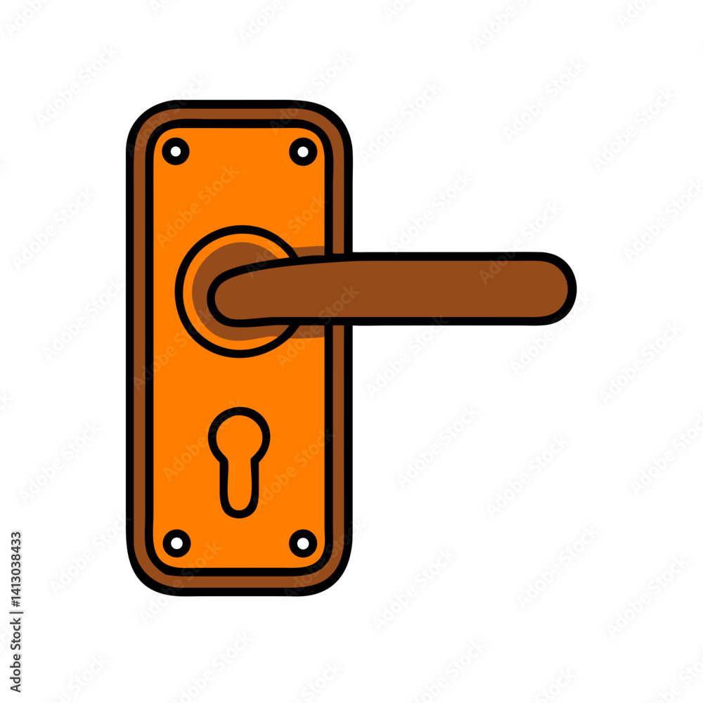 Door handle with a brown lever and orange plate featuring a keyhole, isolated on white background Door handle with a brown lever and orange plate featuring a keyhole, isolated on white background