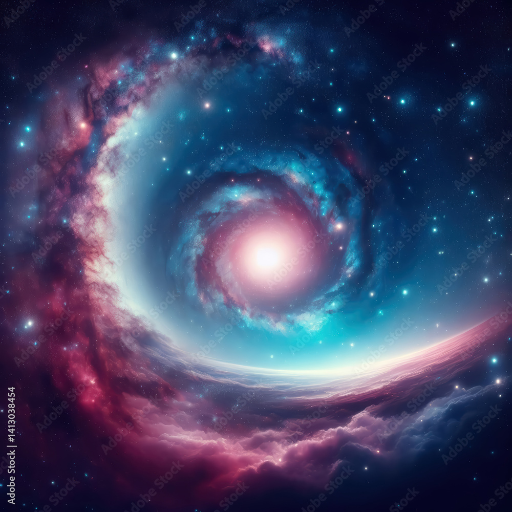 Cosmic swirl of gas and stars in a vibrant galaxy with bright light and swirling colors Cosmic swirl of gas and stars in a vibrant galaxy with bright light and swirling colors