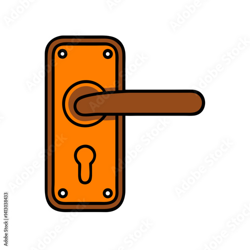 Door handle with a brown lever and orange plate featuring a keyhole, isolated on white background