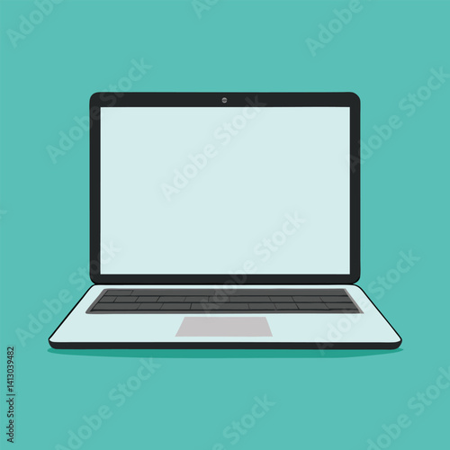 A silver portable laptop computer with a blank LCD screen, keyboard, and trackpad is a digital mobile object for business communication and internet access