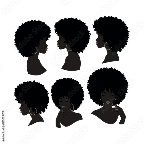cameo woman with afro black silhouette vector set flat design illustrations