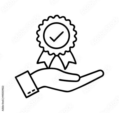 A hand depicted in a simple outline style is holding a quality assurance or approval medal