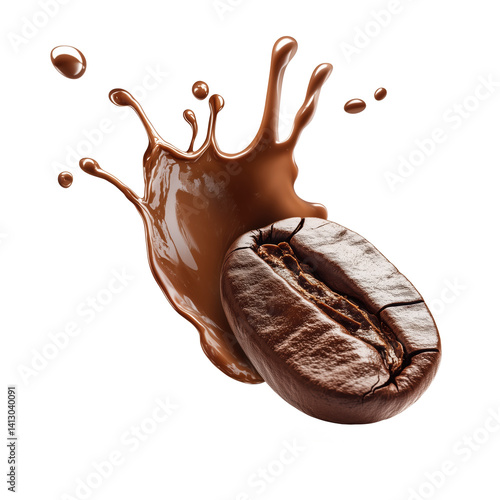 Roasted coffee bean colliding with dynamic splash of chocolate, isolated on transparent background. photo