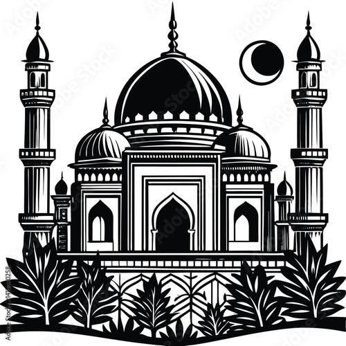 This vector illustration shows the Taj Mahal silhouette, a famous landmark and architectural monument in India, often recognized as a symbol of travel and old Mughal mosque art with its iconic dome