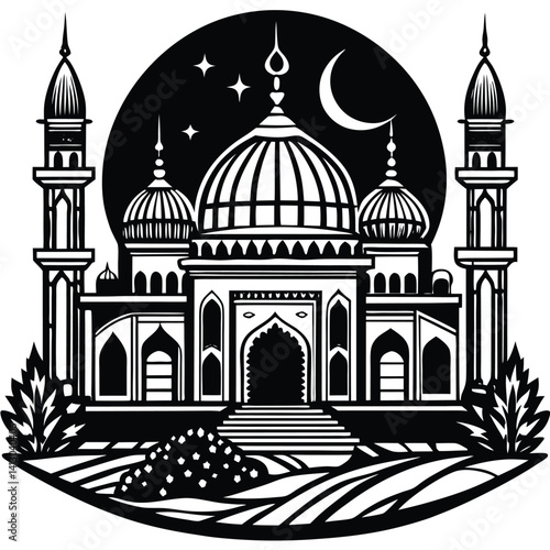 This vector illustration shows the Taj Mahal silhouette, a famous landmark and architectural monument in India, often recognized as a symbol of travel and old Mughal mosque art with its iconic dome