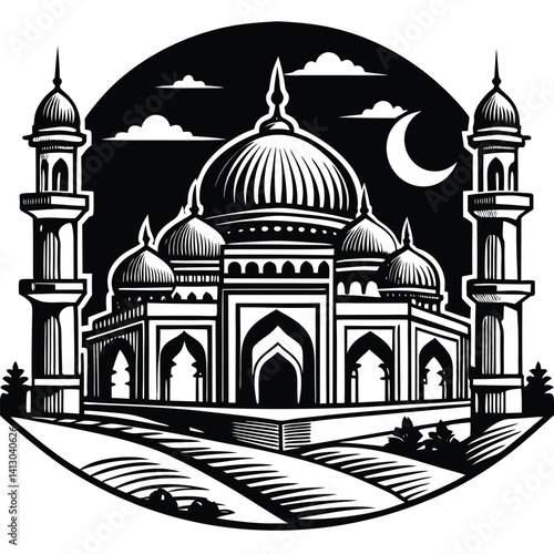 This vector illustration shows the Taj Mahal silhouette, a famous landmark and architectural monument in India, often recognized as a symbol of travel and old Mughal mosque art with its iconic dome