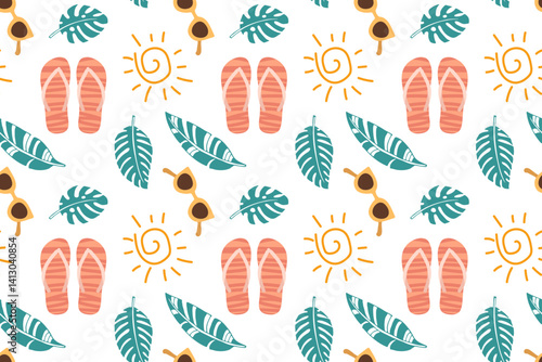 Seamless Vacation pattern. Palm leaves, sun, sunglasses, flip-flops seamless pattern on white background Hand drawn vector Summer pattern For textile, fabric, wrapping paper, wallpaper.