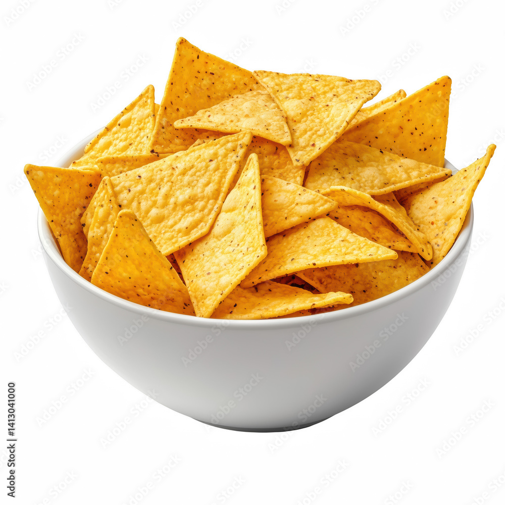 Crispy nacho chips in white bowl isolated on transparent background. Crispy nacho chips in white bowl isolated on transparent background.