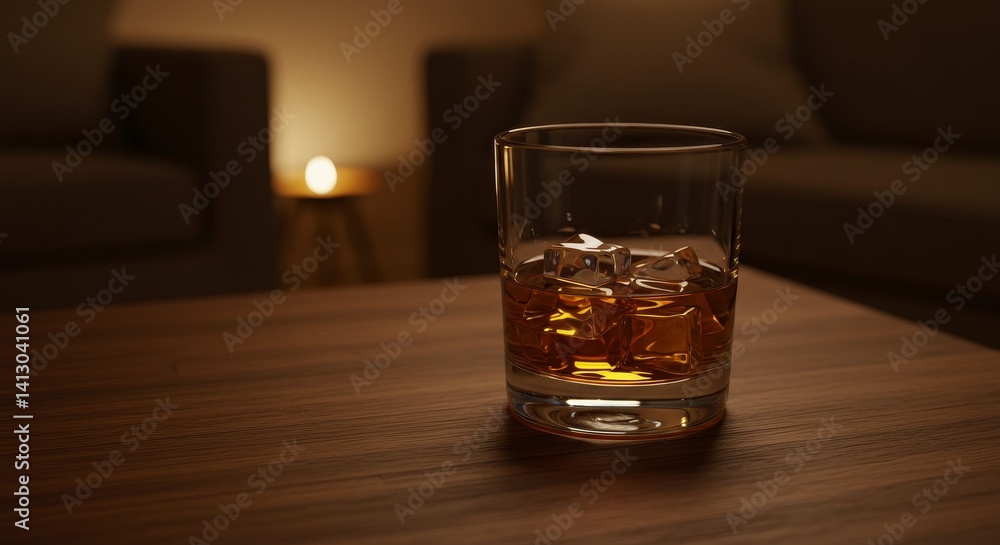 Whiskey and Ice: A Cozy Evening - A glass of amber whiskey with ice cubes rests on a dark wooden table, illuminated by soft candlelight. Symbolizing relaxation, warmth, solitude, comfort Whiskey and Ice: A Cozy Evening - A glass of amber whiskey with ice cubes rests on a dark wooden table, illuminated by soft candlelight. Symbolizing relaxation, warmth, solitude, comfort