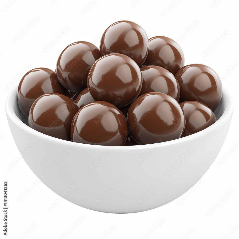 Fototapeta premium Glossy chocolate-coated balls in white bowl, smooth and stacked, isolated on transparent background.