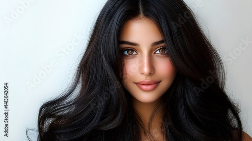 Beautiful woman with long black hair smiling gently