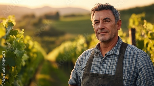 A middle-aged Italian male vineyard owner stands proudly among lush grapevines during sunset, showcasing his dedication to winemaking and rural life.