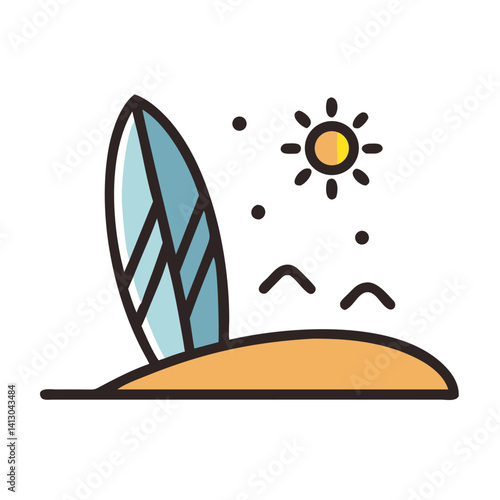 Surfboard on Sand Icon Representing Surfing