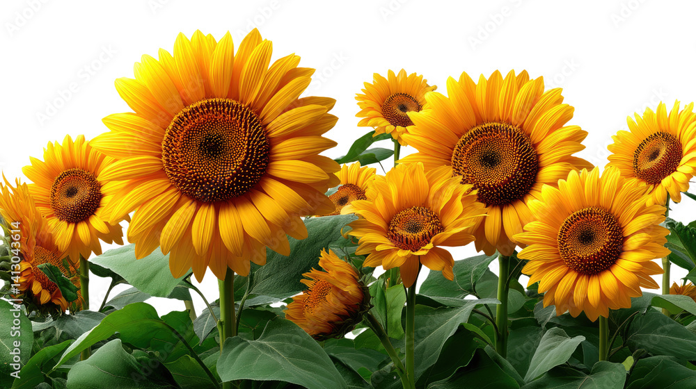 Obraz premium Radiant Sunflowers: A cluster of bright yellow sunflowers, their petals unfurling in a vibrant display of nature's beauty, radiate a sense of warmth and optimism.