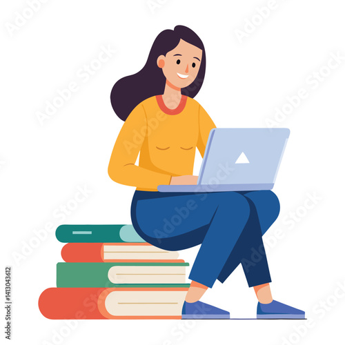 Girl studying with laptop and notebook in a cartoon style illustration