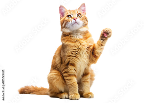 Playful ginger orange cat sits on hind legs raised front paws and looks up  isolated on white background