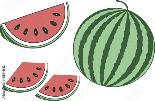 Modern Flat Illustration of Whole and Sliced Watermelon with Juicy Red and Green Colors