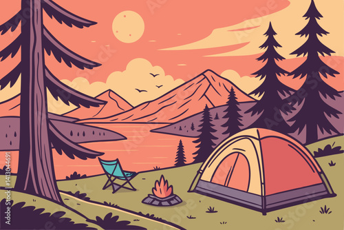50 Colorful camping scene, sunset landscape, vibrant sky, pine forest, mountain silhouette, two colorful tents, campfire, camping chairs, serene lake, stylized illustration, warm colors, cartoon style