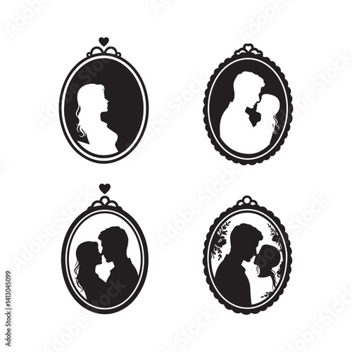 silhouette set of woman and men cameo icons with various hairstyles wedding illustrations