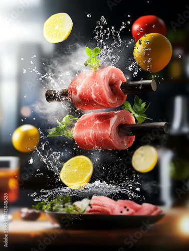 Skewered meat levitates amidst splashing water lemons and herbs creating a dynamic and flavorful culinary still life.