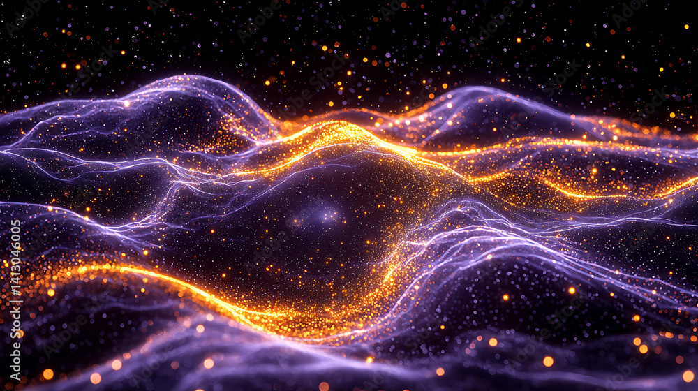 Obraz premium Abstract glowing wave patterns ripple with twinkling lights reminiscent of a distant magical landscape under a starry night sky.