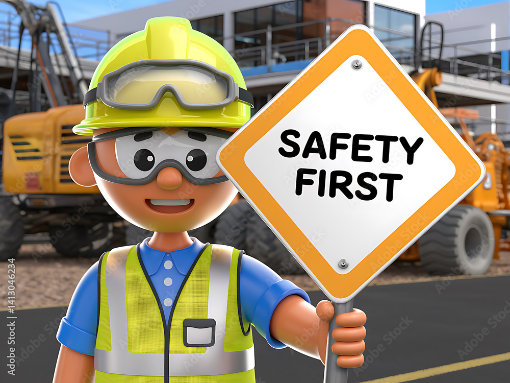 Cartoon construction worker holds a Safety First sign at a construction site with heavy machinery in the background.
