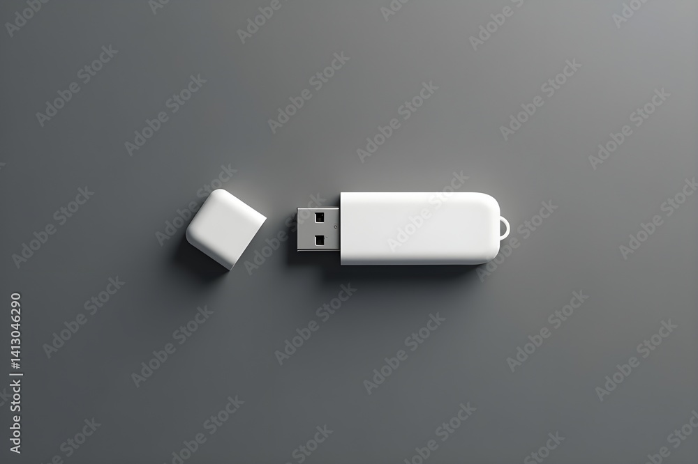 Modern USB Flash Drive Mockup in Minimalist White Design on Gray Background - Perfect for Branding and Product Showcases Modern USB Flash Drive Mockup in Minimalist White Design on Gray Background - Perfect for Branding and Product Showcases