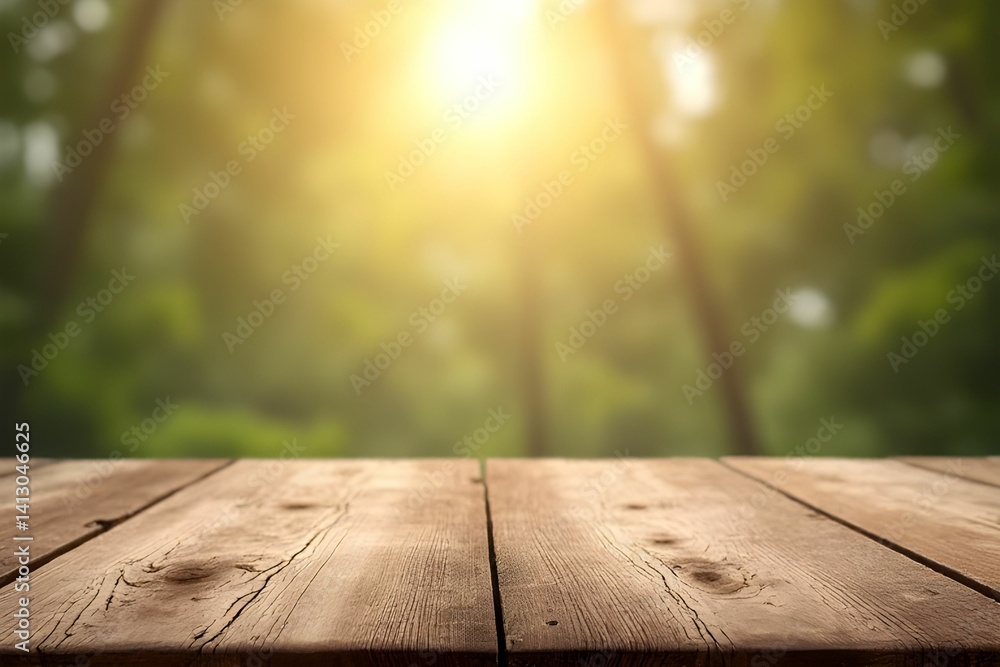 Empty wood table with blurred green forest background. For product displays, backgrounds, or decorative purpose Empty wood table with blurred green forest background. For product displays, backgrounds, or decorative purpose