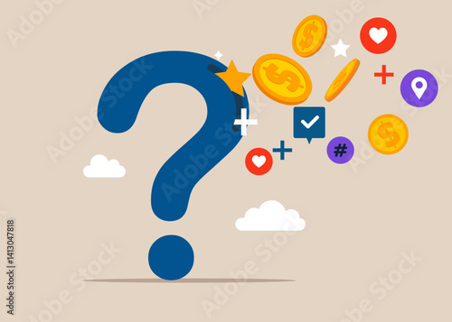 From the question mark fly out many donation and charity with coin, moneys. Flat vector illustration