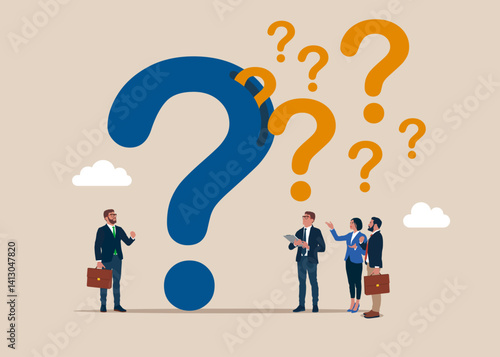 From the question mark fly out many questions. Business people doubts and questioning everything. Flat vector illustration.