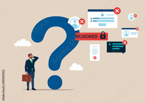 From the question mark fly out blocked ID card. Hacker Cyber Attack, Censorship. Modern vector illustration in flat style.