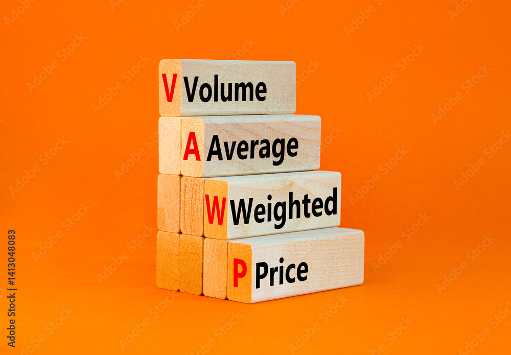 Naklejka premium Volume Weighted Average Price symbol. Concept word VWAP Volume Weighted Average Price on blocks. Beautiful orange background Business motivational VWAP Volume Weighted Average Price concept Copy space