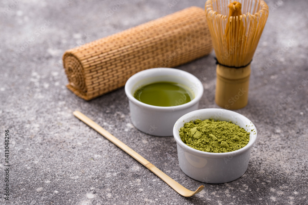 Matcha tea and bamboo whisk Matcha tea and bamboo whisk